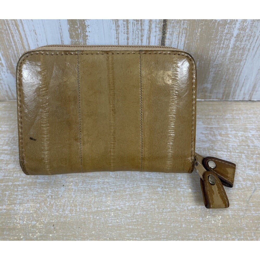 Lee Sands Eel Skin Tan Small Double Zip Around Wallet Card Case ID Window